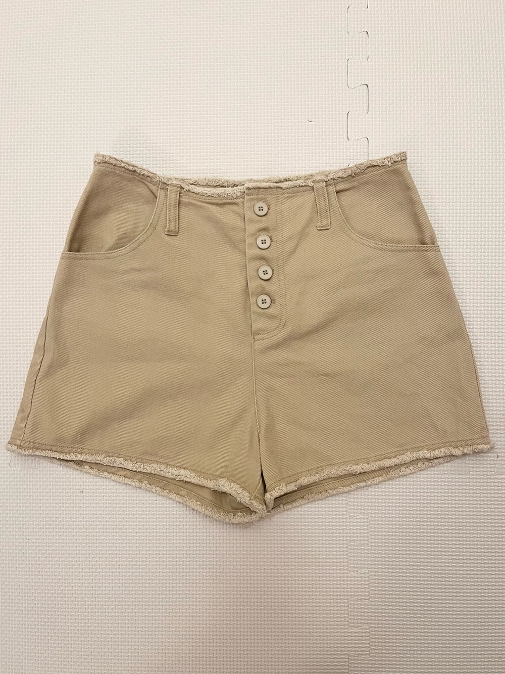 OAK + FORT High Rise Button Fly Raw Hem Shorts Tan 26